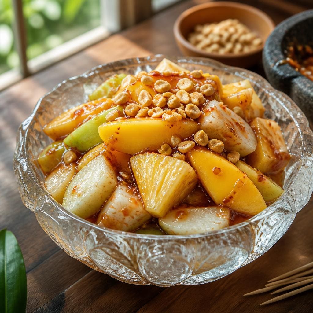 Rujak Uleg Te Sate dengan bumbu kacang gurih dan potongan buah segar